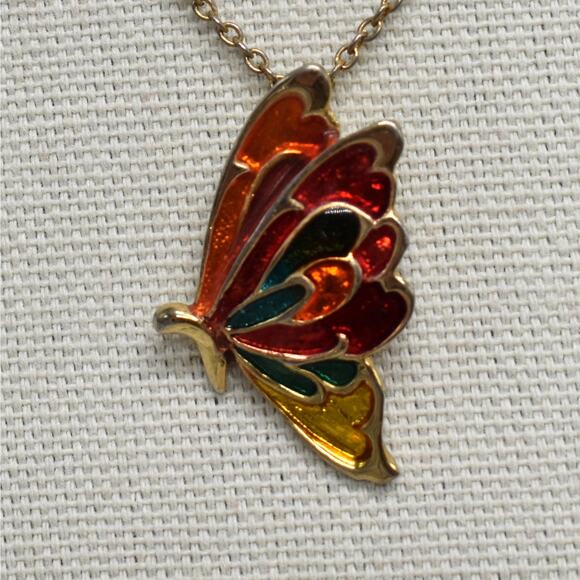 Vintage gold tone chain necklace w/ multicolor butterfly pendant fairy whimsy - Picture 2 of 5